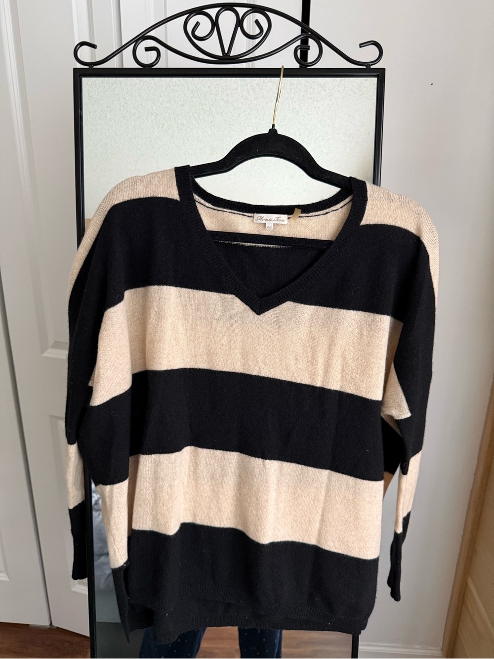 Striped V-Neck Sweater in Black and Cream